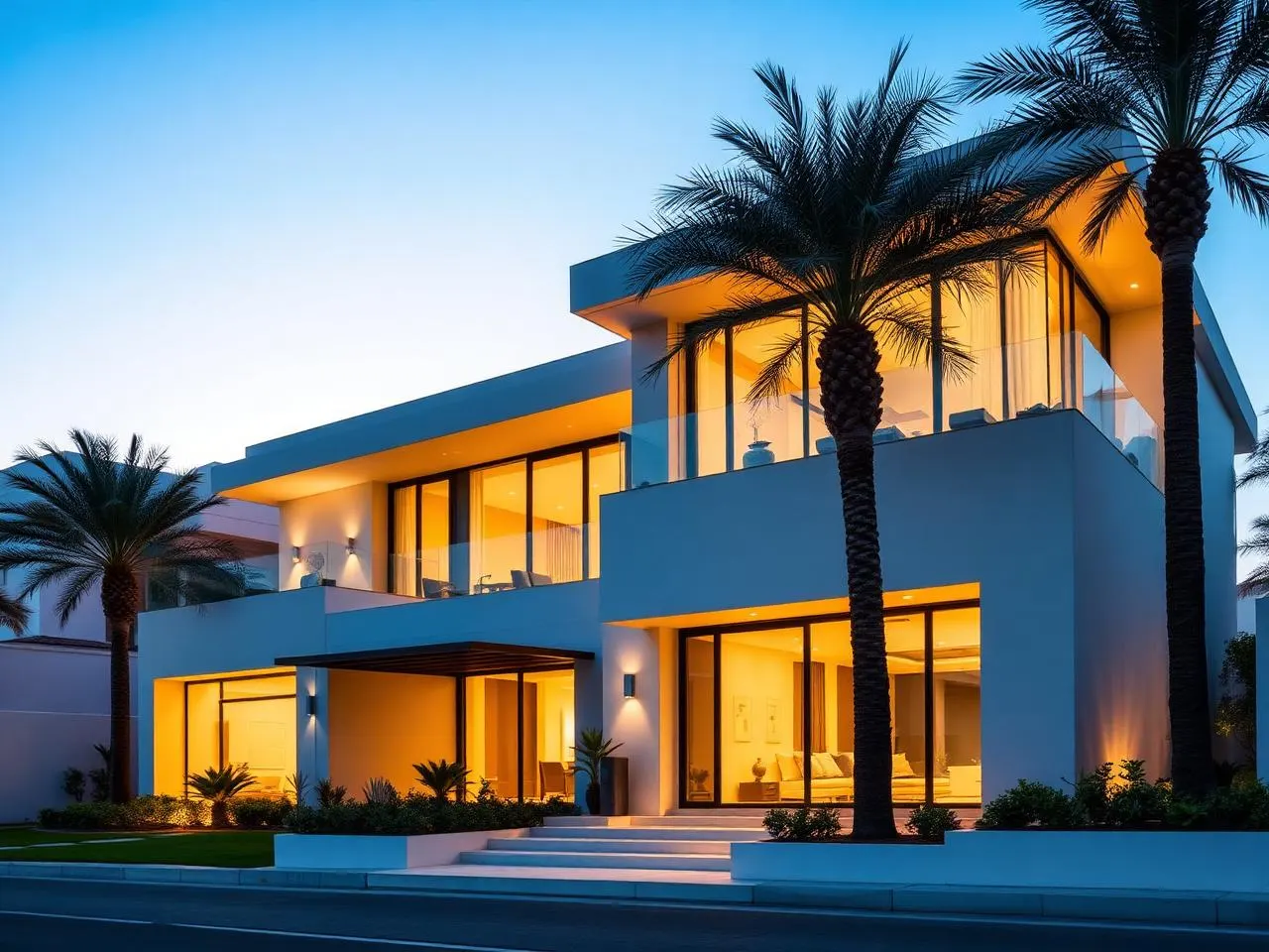 Smart home villa in Dubai Hills with full home automation and ambient lighting at dusk