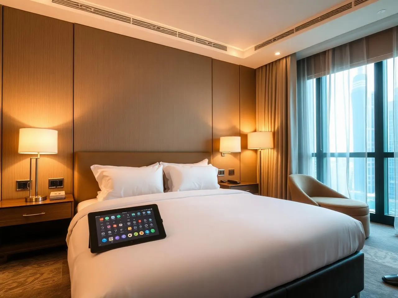 Boutique hotel guest room with smart room automation tablet in Downtown Dubai