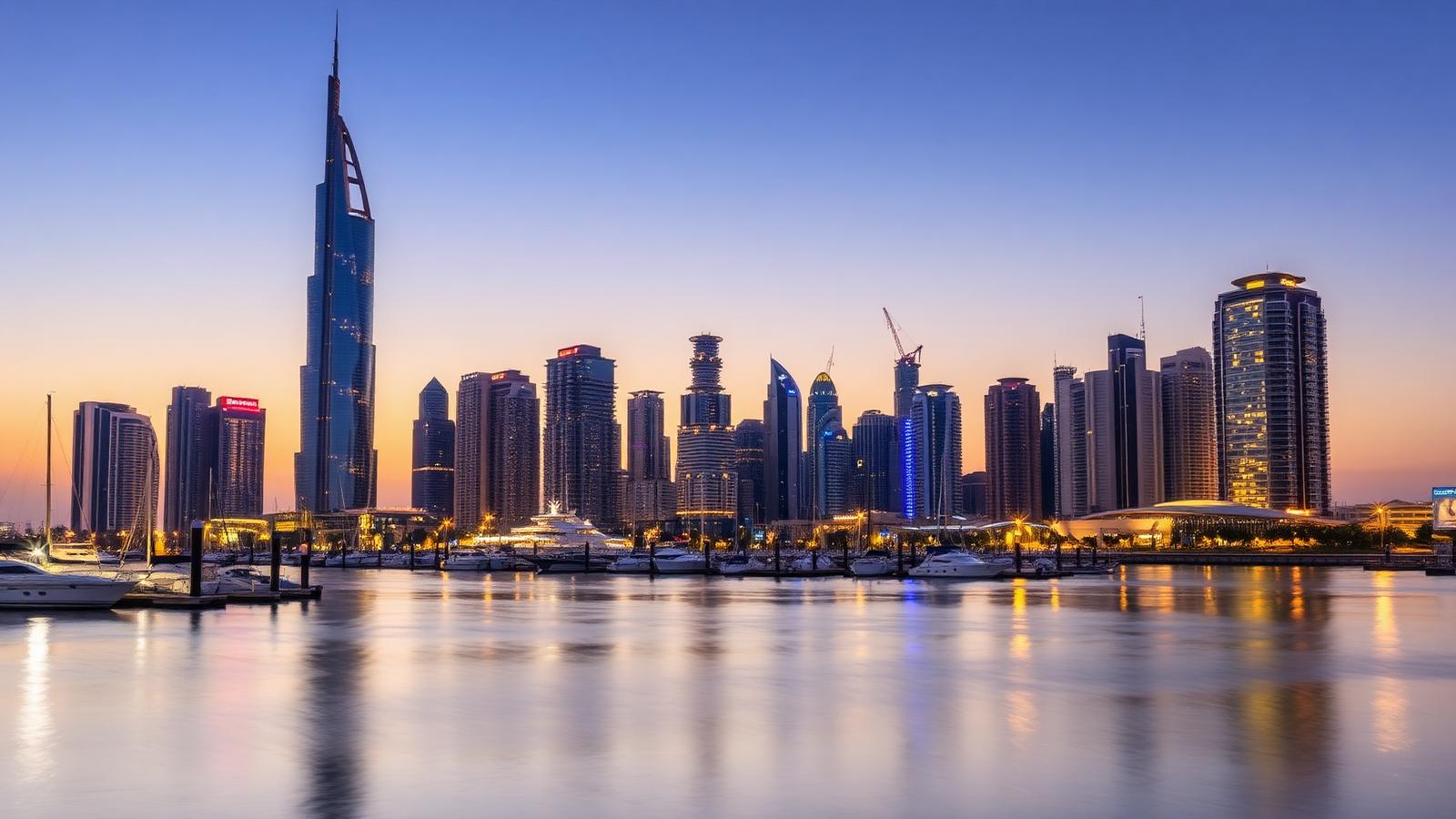 Dubai Creek Harbour skyline at twilight with apartment towers and marina reflections on water