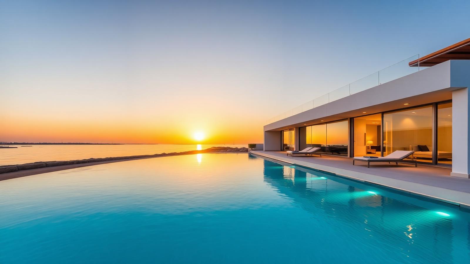 Tilal Al Ghaf lagoon villa with crystal blue water and minimalist white architecture at sunset
